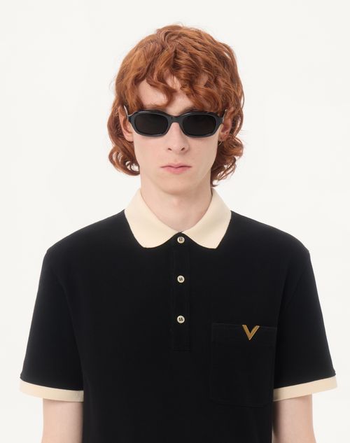 Valentino - Valentino Polo Shirt In Cotton Piquet With Vgold - Black/butter - Man - T-shirts And Sweatshirts